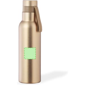 A drink bottle in a metallic gold finish with a lid and a logo area. Insulated design for temperature retention.