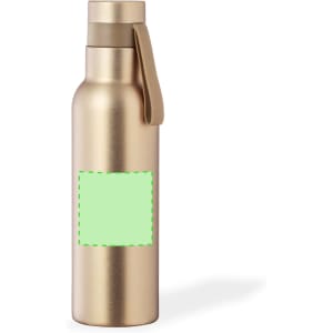 A drink bottle in a metallic gold finish with a green rectangular area for custom branding, featuring a logo.