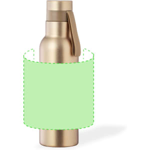 A drink bottle in a shiny gold finish with a removable green sleeve and a handle. Features a logo.