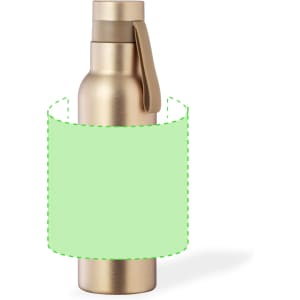 A drink bottle in a gold finish with a sleek design and a carrying strap. It features a logo.