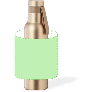 A drink bottle in a metallic gold finish with a handle, featuring an empty label area for custom branding.