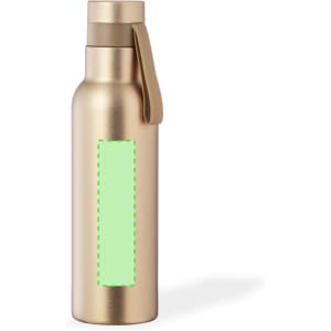 A drink bottle in a sleek gold finish with a removable lid and a branding area in green.