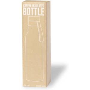 A drink bottle in a copper finish, presented in a simple, brown kraft packaging with a logo.