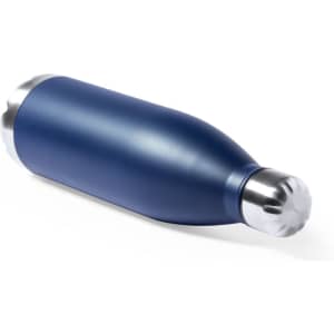 A drink bottle in a deep blue finish with a stainless steel top and bottom. It features a logo on the side.