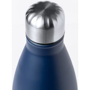 A drink bottle in navy blue with a silver metal cap. It has a sleek design and features a logo.