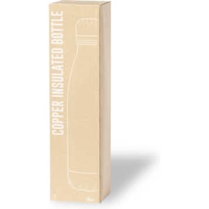 A drink bottle in a tall, brown cardboard box with an illustration and branding. It's a copper insulated bottle.
