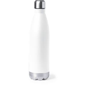 A drink bottle in white with a silver base and a metallic silver cap. It features a logo on the front.