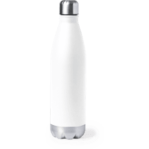 A drink bottle in white with a silver cap and a logo on the body, designed for insulation.