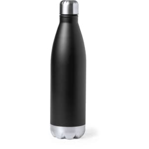 A drink bottle in sleek black with a silver bottom and a metallic cap, featuring a logo.