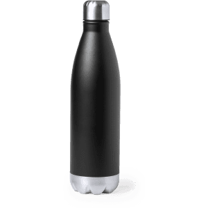 A drink bottle in matte black with a silver base and a metallic cap. It features a logo on the body.