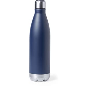 A drink bottle in navy blue with a silver cap and base, featuring a sleek design and a logo.