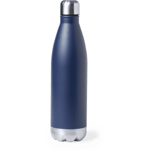 A drink bottle in navy blue with a stainless steel base and a silver cap, featuring a logo.