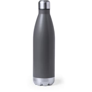 A drink bottle in dark grey with a silver base and a rounded top, featuring a logo.