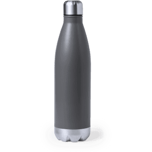 A drink bottle in a sleek grey design with a metallic base and a silver lid, featuring a logo.
