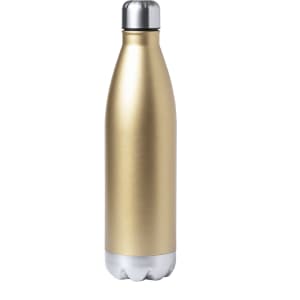 A drink bottle in a sleek gold finish with a silver bottom and a metal screw cap, featuring a logo.