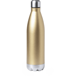 A drink bottle in a sleek gold finish with a silver base, featuring a smooth, streamlined design and a metallic cap.