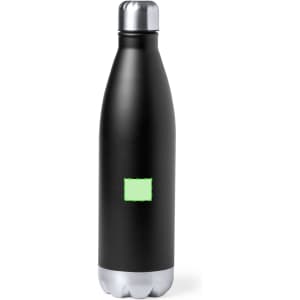 A drink bottle in matte black with a silver base and a logo on the front. Insulated for maintaining temperature.