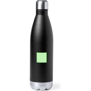 A drink bottle in matte black with a silver base and a blank area for branding.