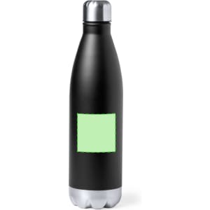 A drink bottle featuring a sleek black body with a silver bottom, equipped with a branding area.