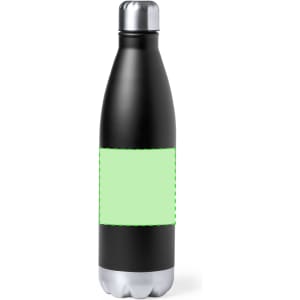 A drink bottle with a sleek black body and a silver lid, featuring a blank green label area.