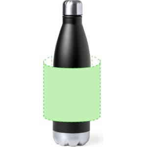 A drink bottle in black with a silver top and base, featuring a blank green label area for customisation.