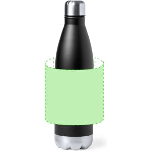A drink bottle featuring a sleek black design with a silver cap, and a light green sleeve for insulation.