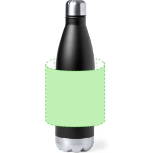 A drink bottle with a sleek black body and a stainless steel base, featuring a logo on the side.