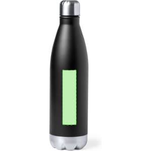 A drink bottle in matte black with a silver base and a visible area for branding or customization.