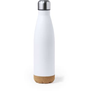 A drink bottle featuring a sleek white body and a cork base, with a metallic screw-on lid and a logo.