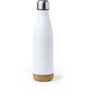 A drink bottle in white with a cork base and metallic silver cap, featuring a logo.