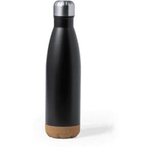 A drink bottle in black metal with a cork base and a stainless steel lid. It features a logo on the surface.