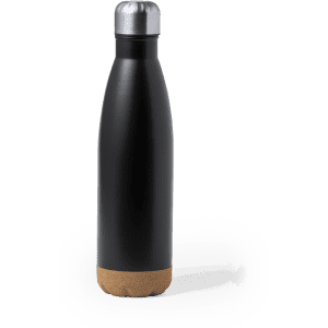 A drink bottle in matte black with a metallic silver lid and a cork base, featuring a logo.