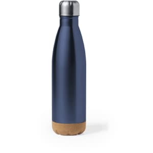A drink bottle in navy blue metal with a cork base and a silver cap, featuring a logo.