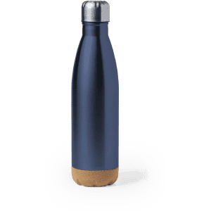 A drink bottle in navy blue with a cork base and a silver cap, featuring a logo.