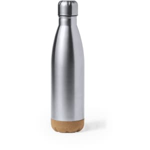 A drink bottle featuring a silver metal body with a cork base and a screw-on cap.