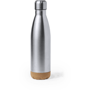 A drink bottle with a sleek silver metal body and a cork base. It features a rounded cap and a modern design.
