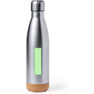 A drink bottle with a stainless-steel body and a cork base. It features a sleek design and has a logo.