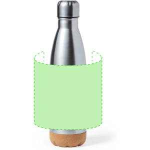 A drink bottle with a metallic silver finish and a cork base, featuring a blank green label.