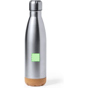 A drink bottle with a stainless steel body and a cork base, featuring a logo on its surface.