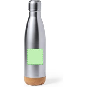 A drink bottle with a stainless steel body and a cork base, featuring a blank area for customisation.