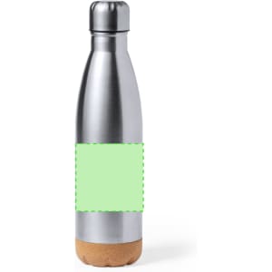 A drink bottle with a sleek silver body and a cork bottom, featuring a blank green label.