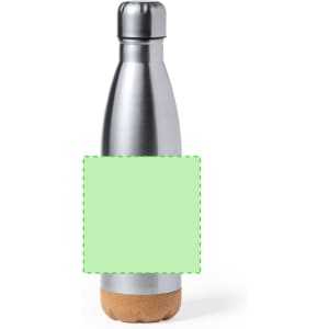 A drink bottle with a shiny silver body and a natural cork base, featuring a logo on the front.