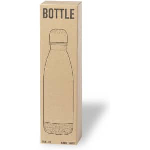 A drink bottle in a sleek, white design, presented in simple cardboard packaging with a logo.