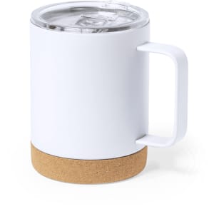 A white insulated mug with a cork base and a clear lid, featuring a handle.