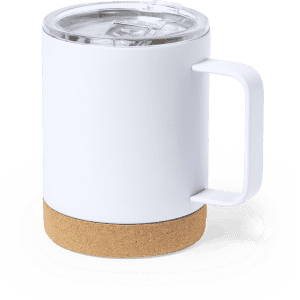 A white insulated travel mug with a cork bottom and a clear lid. It features a sturdy handle and a sleek design.