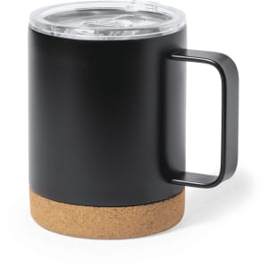 A drink bottle featuring a black insulated body, a clear lid, and a cork base, with a sturdy handle.