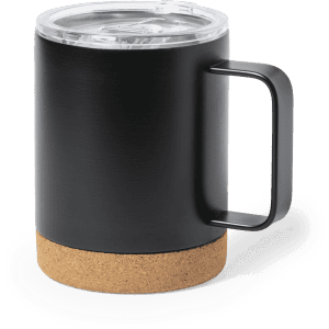 A black insulated travel mug with a clear lid and a cork base, featuring a handle and a minimal design.