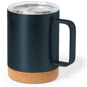 A drink mug with a dark blue metallic finish and a cork base, featuring a clear lid and handle.
