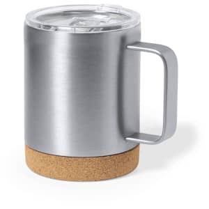 A drink bottle featuring a silver insulated body, a cork base, and a clear lid. It has a sturdy handle and a logo.