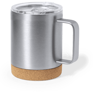 A drink bottle with a silver stainless steel finish and a cork base, featuring a clear lid.